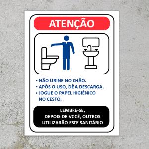 Placa Atenção | Regras Banheiro Masculino PS 2mm Personalizado 4x0 Impressão UV Corte reto 
